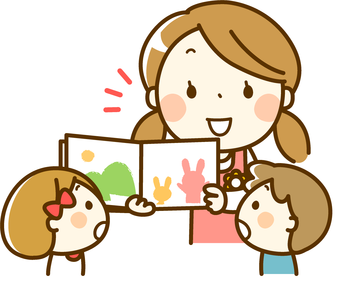 保育士が子供に絵本を読み聞かせしているイラスト